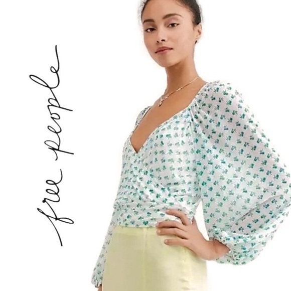 Free People white w green Sweetie Pie Blouse S - Picture 1 of 16